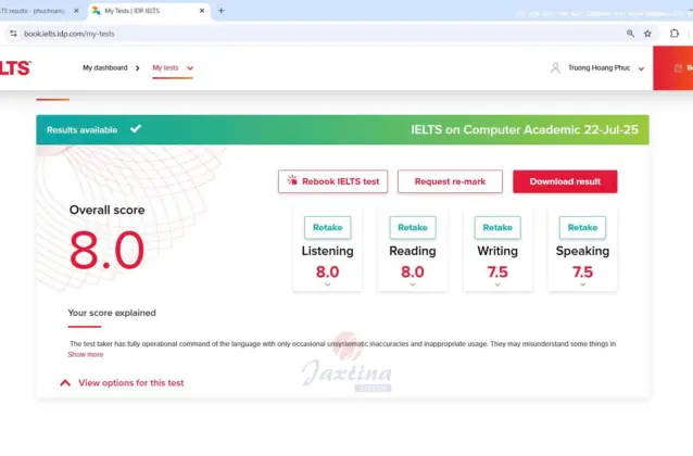 Hoàng Phúc chinh phục 8.0 IELTS với band điểm giỏi đều và toàn diện cả 4 kỹ năng.