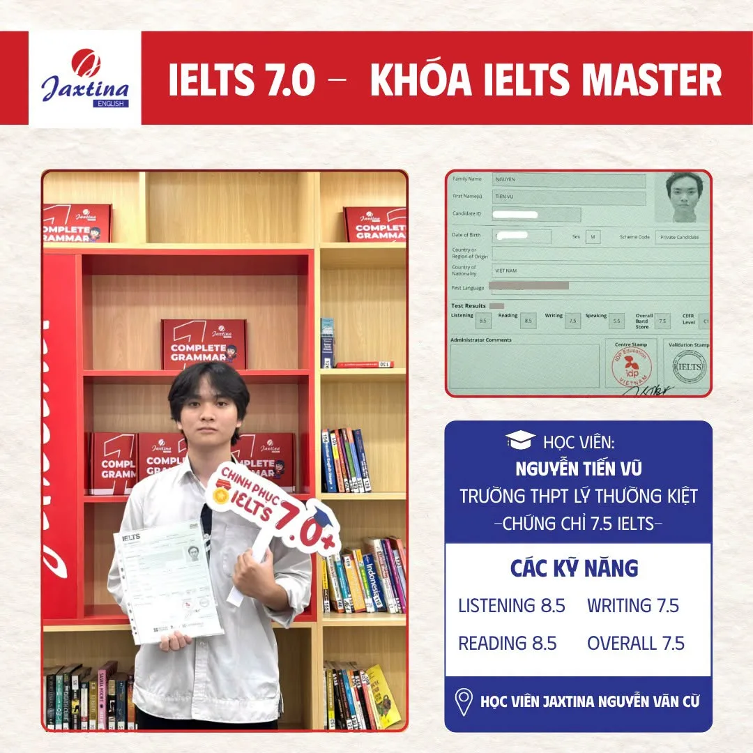 Học viên Nguyễn Tiến Vũ: Bứt Phá Chinh Phục IELTS 7.5 Tại Jaxtina English